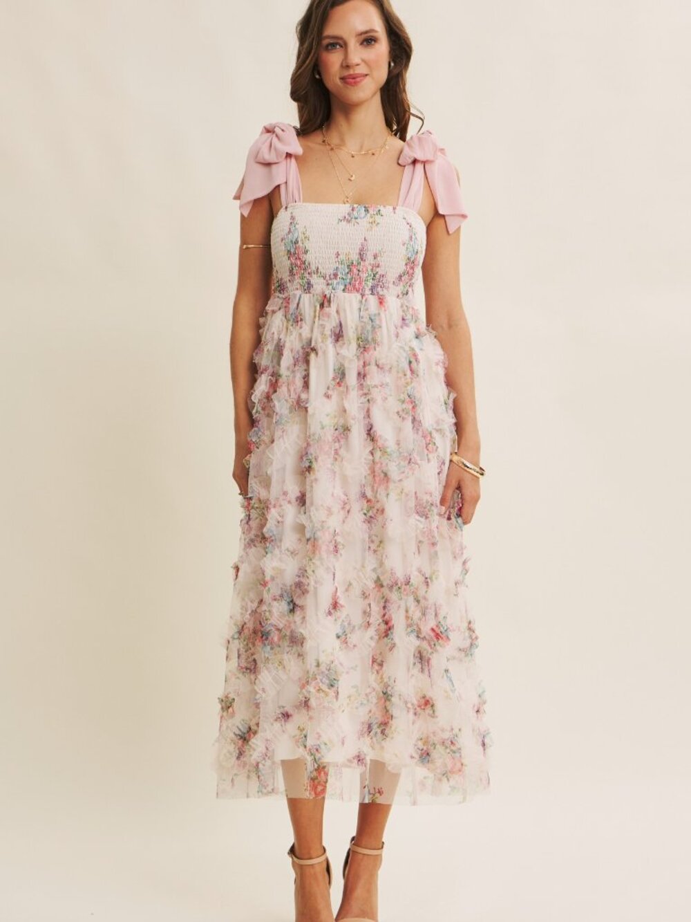 Textured Floral Smocked Midi Dress Tie Straps - Picture 8 of 11